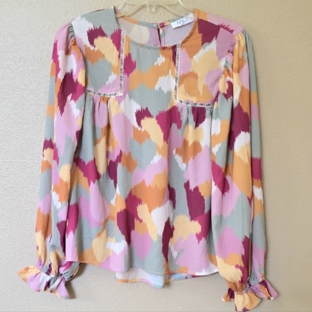 Avara Womens Colorful Abstract Print Peasant Blouse Top - Size Small